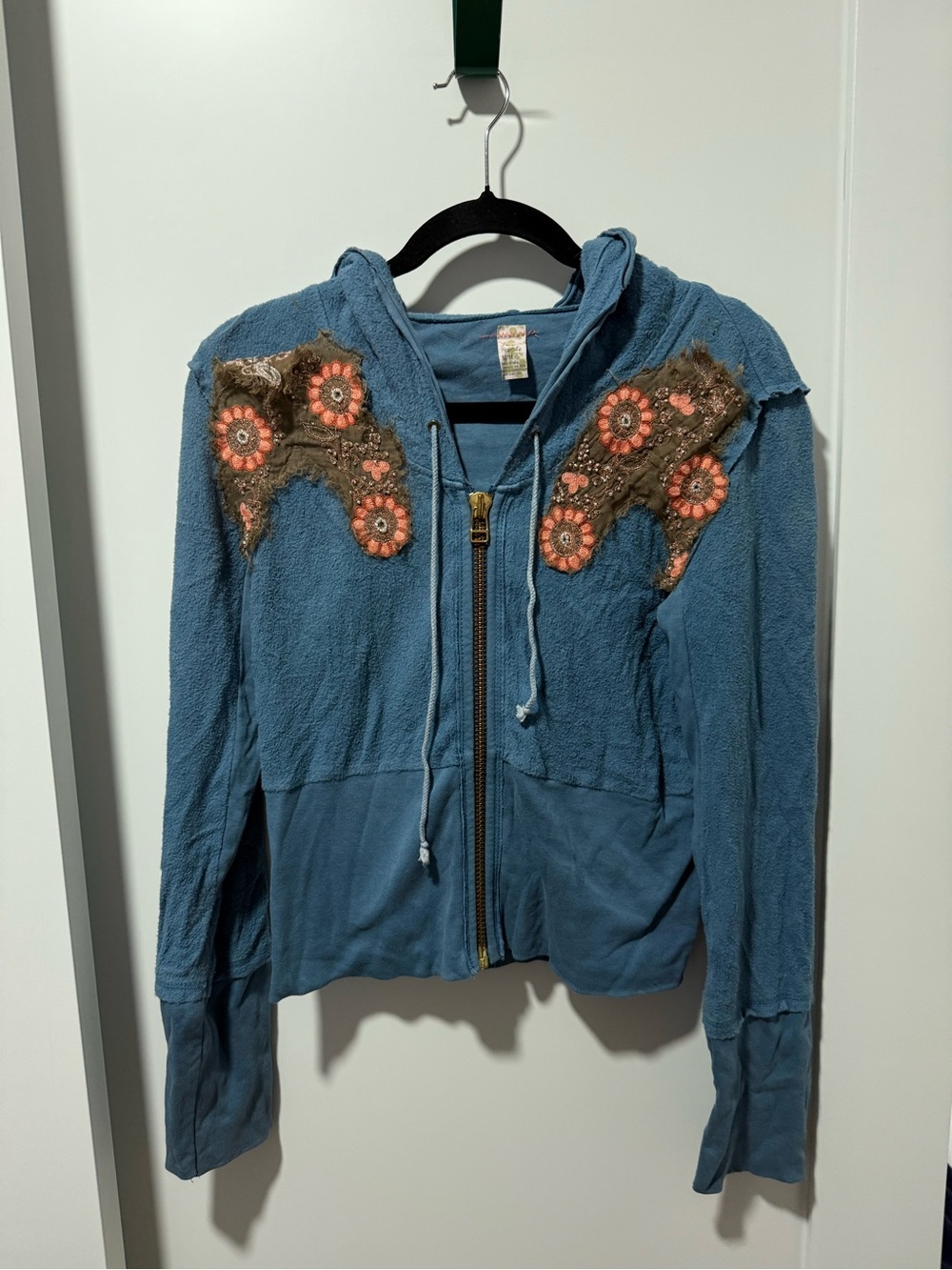 Free People Blue Zip-Up Hoodie with Floral Appliqué